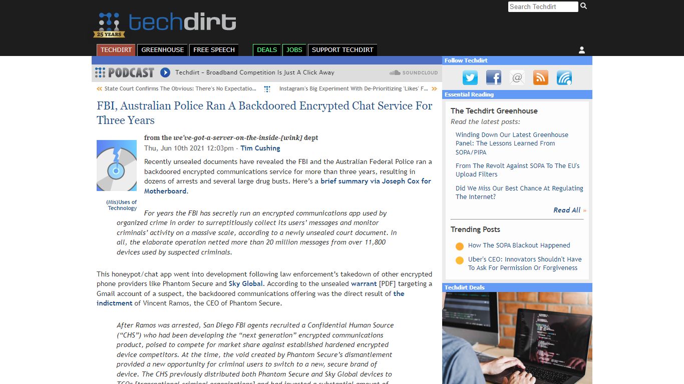 FBI, Australian Police Ran A Backdoored Encrypted Chat ... - Techdirt